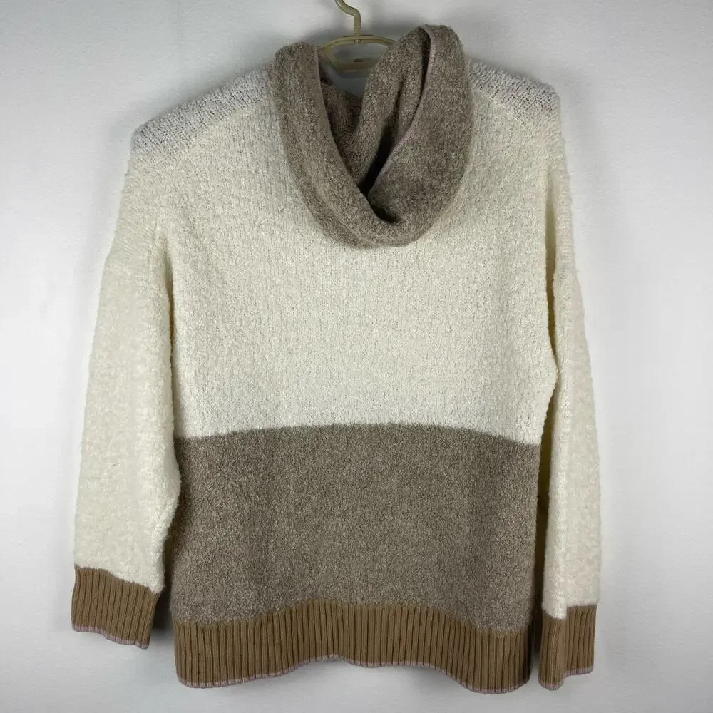 J.Crew Colorblock Sweater Hoodie White Mocha Women's L/XL Cozy Oversized *Flaw